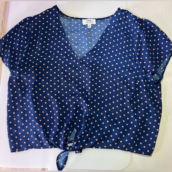 Twine and String Tops - Twine and String Navy Blue Polka Dot Tied Crop Top